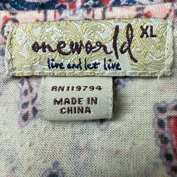 One World Paisley Print Tunic Top Sz XL Beaded 3/4 Sleeves Asymmetrical Hem - Picture 6 of 11